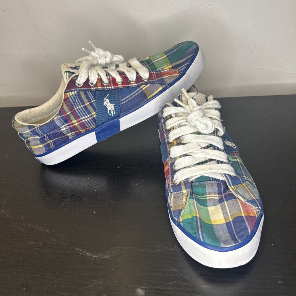 Polo Ralph Lauren Shoes Mens Blue & Tan Madras Plaid Canvas Size 8.5 D Sneakers